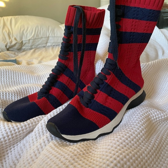 Fendi Shoes - Fendi Red and Navy Knit High-Top Sneakers